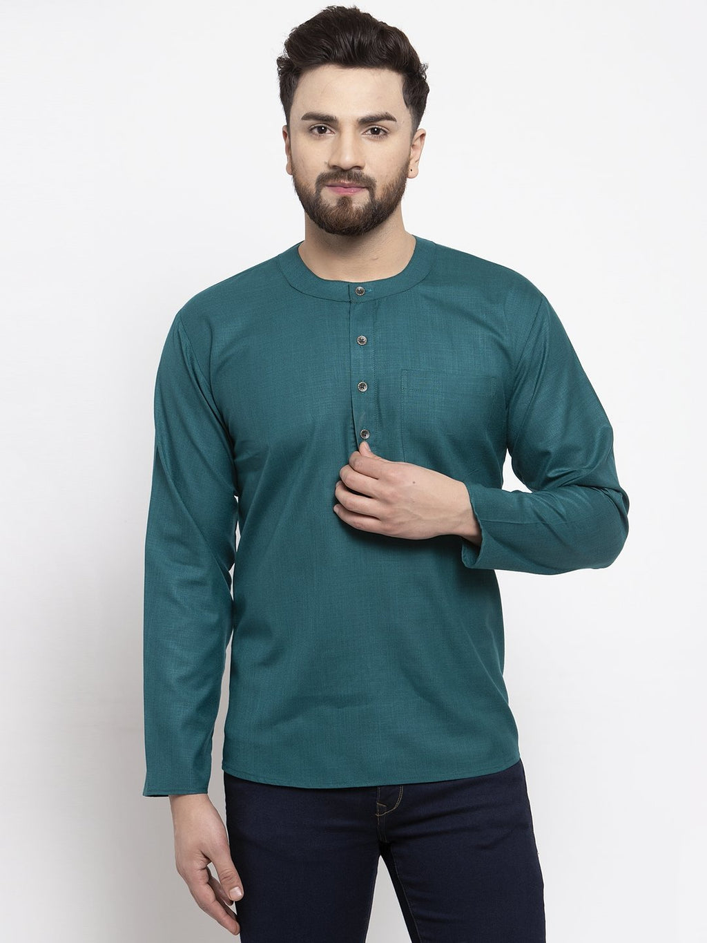 Jompers Men Teal Solid Straight Short Kurta | Grocsy