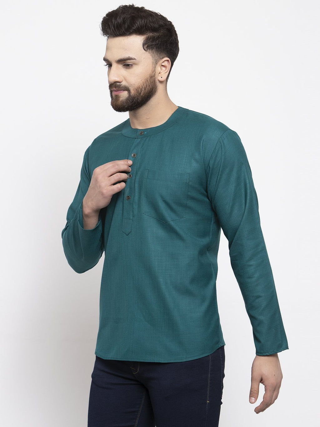 Jompers Men Teal Solid Straight Short Kurta | Grocsy