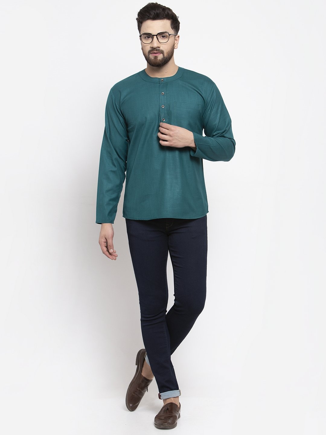 Jompers Men Teal Solid Straight Short Kurta | Grocsy