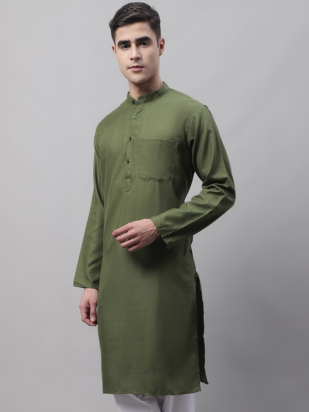 Jompers Men's Cotton Solid Kurta - Mehndi | Grocsy
