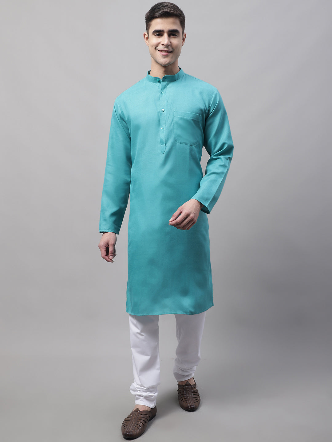 Jompers Men's Cotton Solid Kurta - Rama | Grocsy