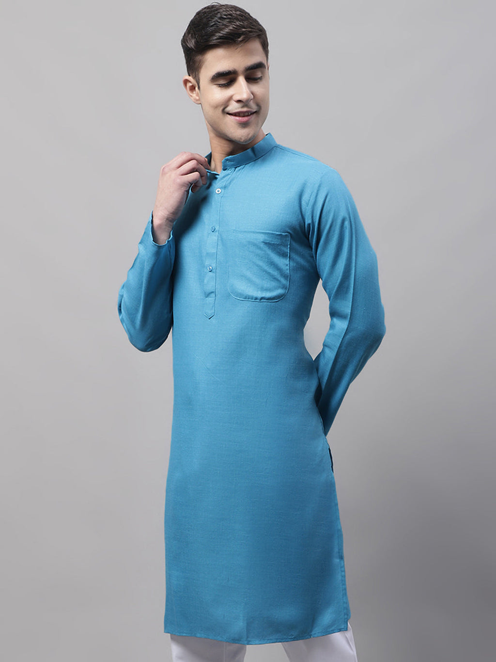 Jompers Men's Cotton Solid Kurta - Teal | Grocsy