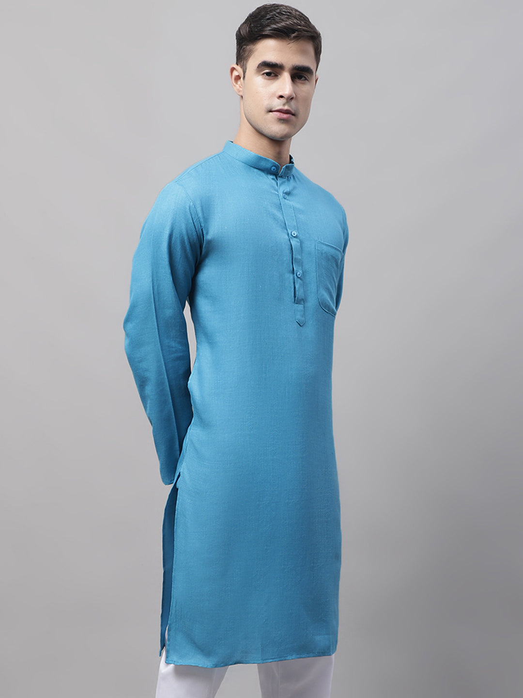 Jompers Men's Cotton Solid Kurta - Teal | Grocsy