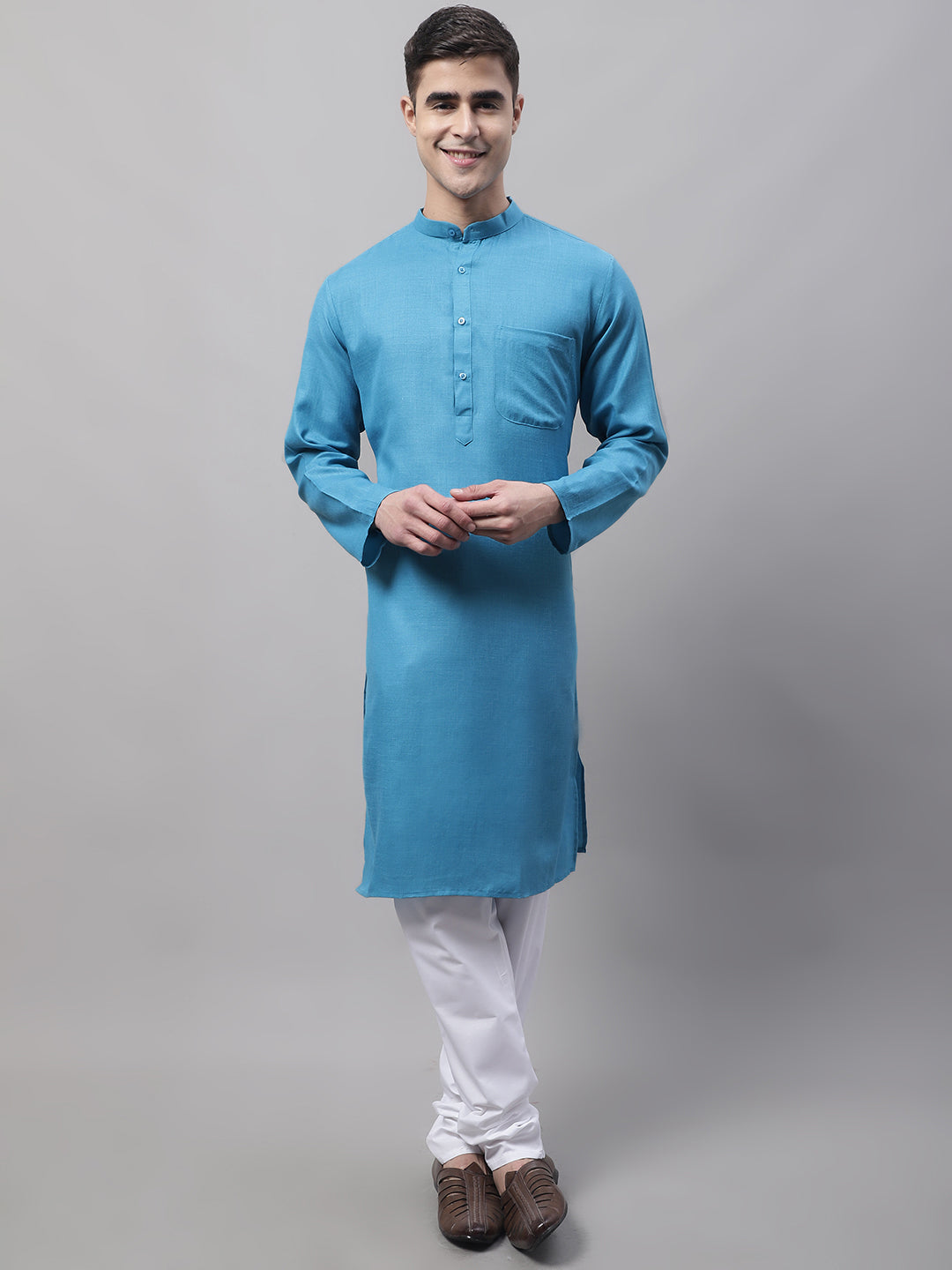 Jompers Men's Cotton Solid Kurta - Teal | Grocsy