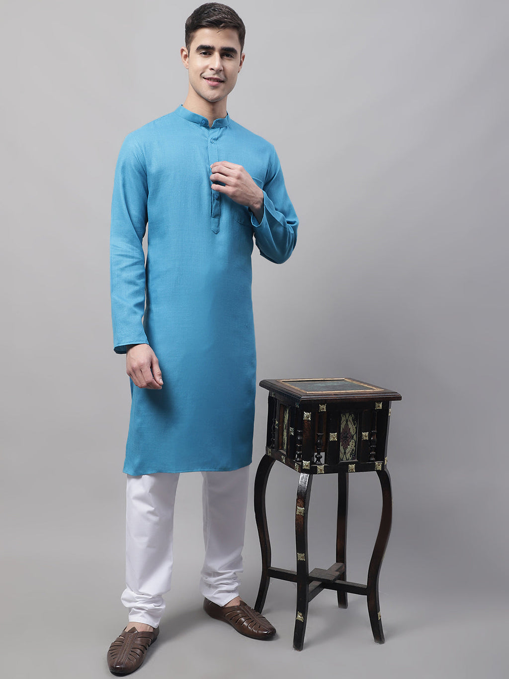 Jompers Men's Cotton Solid Kurta - Teal | Grocsy