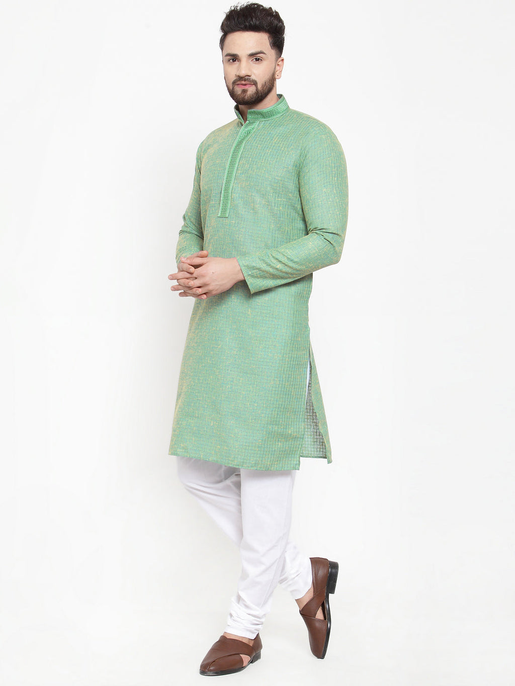 Jompers Men Sea Green & White Embroidered Kurta Only | Grocsy