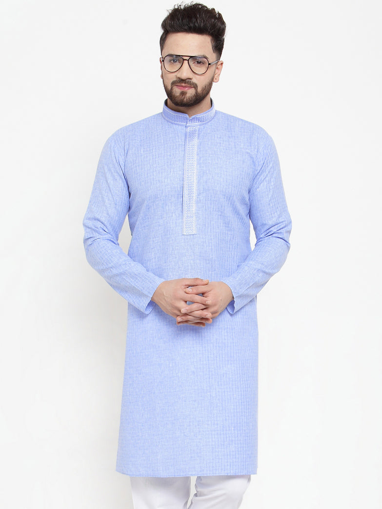 Jompers Men Blue & White Embroidered Kurta Only | Grocsy