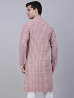Jompers Men's Coral Red & White Embroidered Straight Kurta | Grocsy