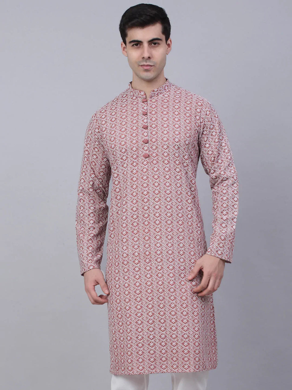 Jompers Men's Coral Red & White Embroidered Straight Kurta | Grocsy