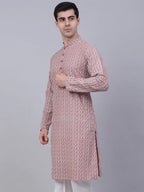 Jompers Men's Coral Red & White Embroidered Straight Kurta | Grocsy