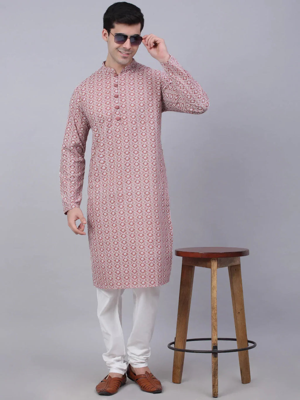 Jompers Men's Coral Red & White Embroidered Straight Kurta | Grocsy
