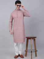 Jompers Men's Coral Red & White Embroidered Straight Kurta | Grocsy