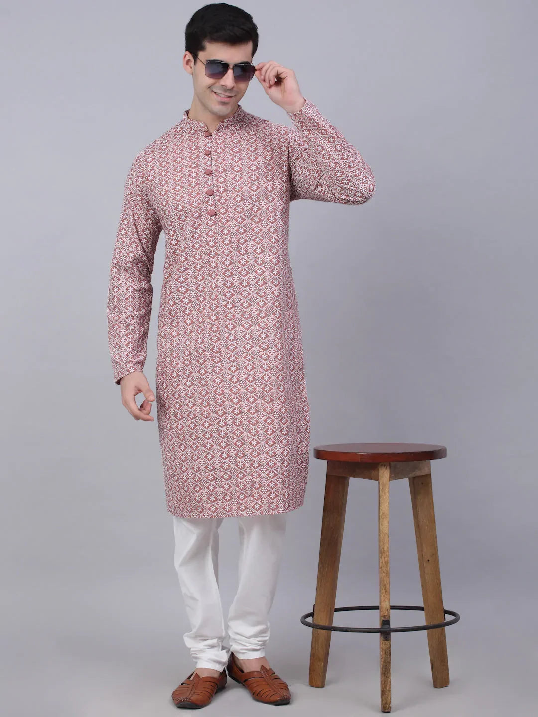 Jompers Men's Coral Red & White Embroidered Straight Kurta | Grocsy