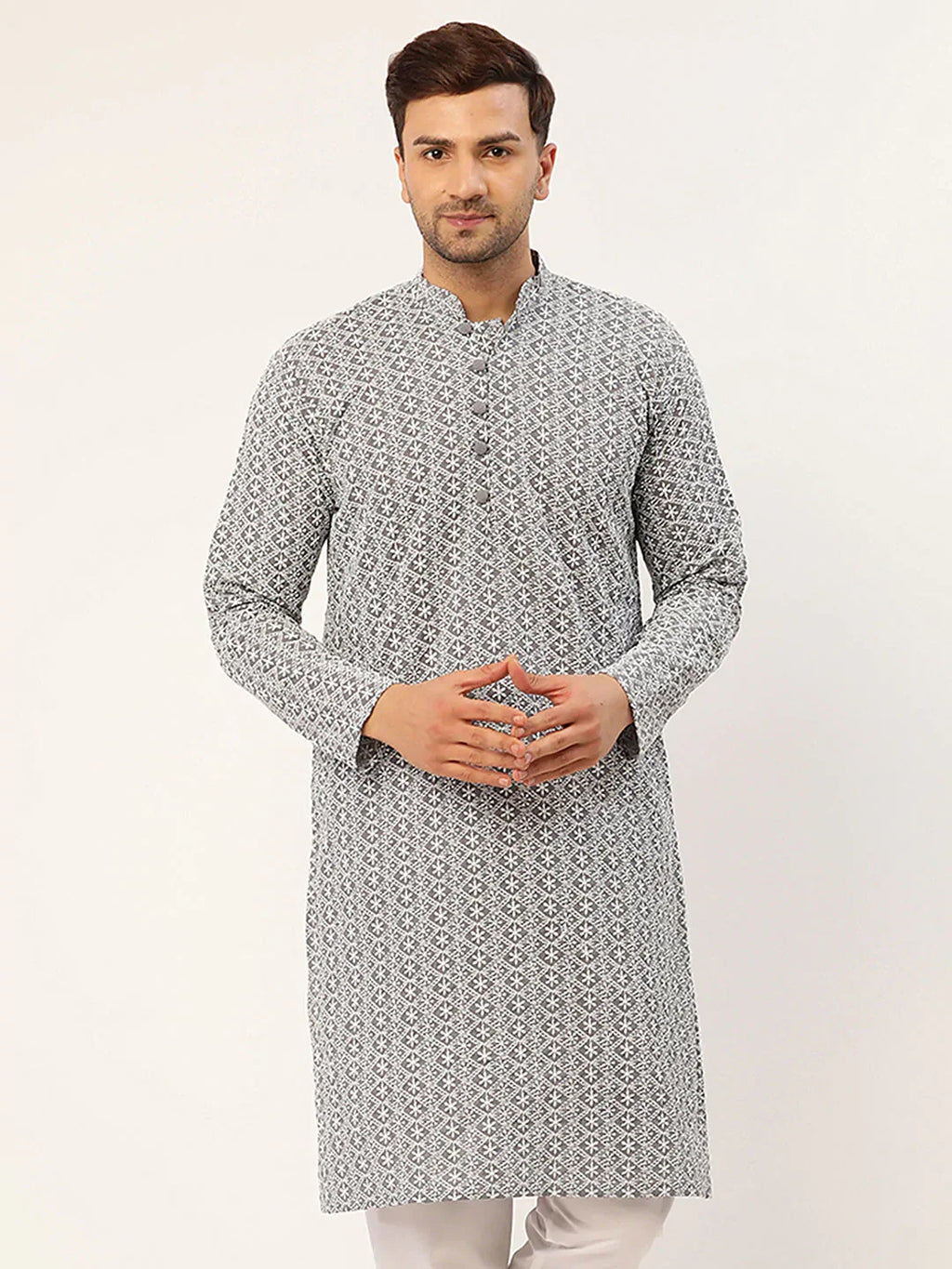 Jompers Men's Embroiderd Kurta - Grey | Grocsy
