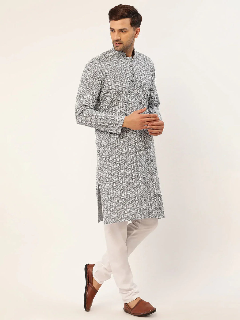 Jompers Men's Embroiderd Kurta - Grey | Grocsy