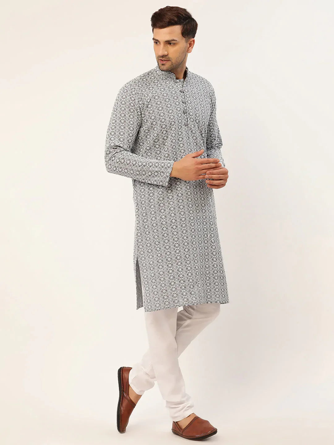 Jompers Men's Embroiderd Kurta - Grey | Grocsy