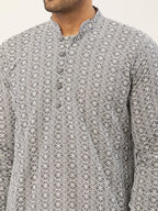Jompers Men's Embroiderd Kurta - Grey | Grocsy
