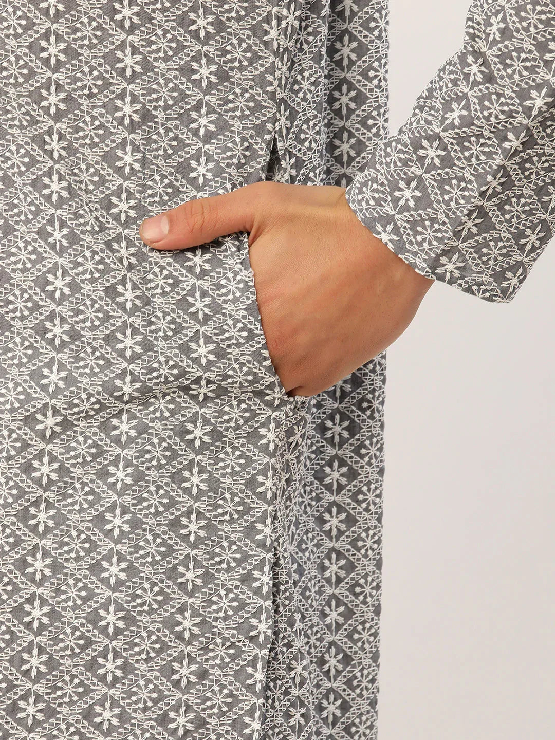 Jompers Men's Embroiderd Kurta - Grey | Grocsy