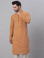 Jompers Men's Mustard & White Embroidered Straight Kurta | Grocsy