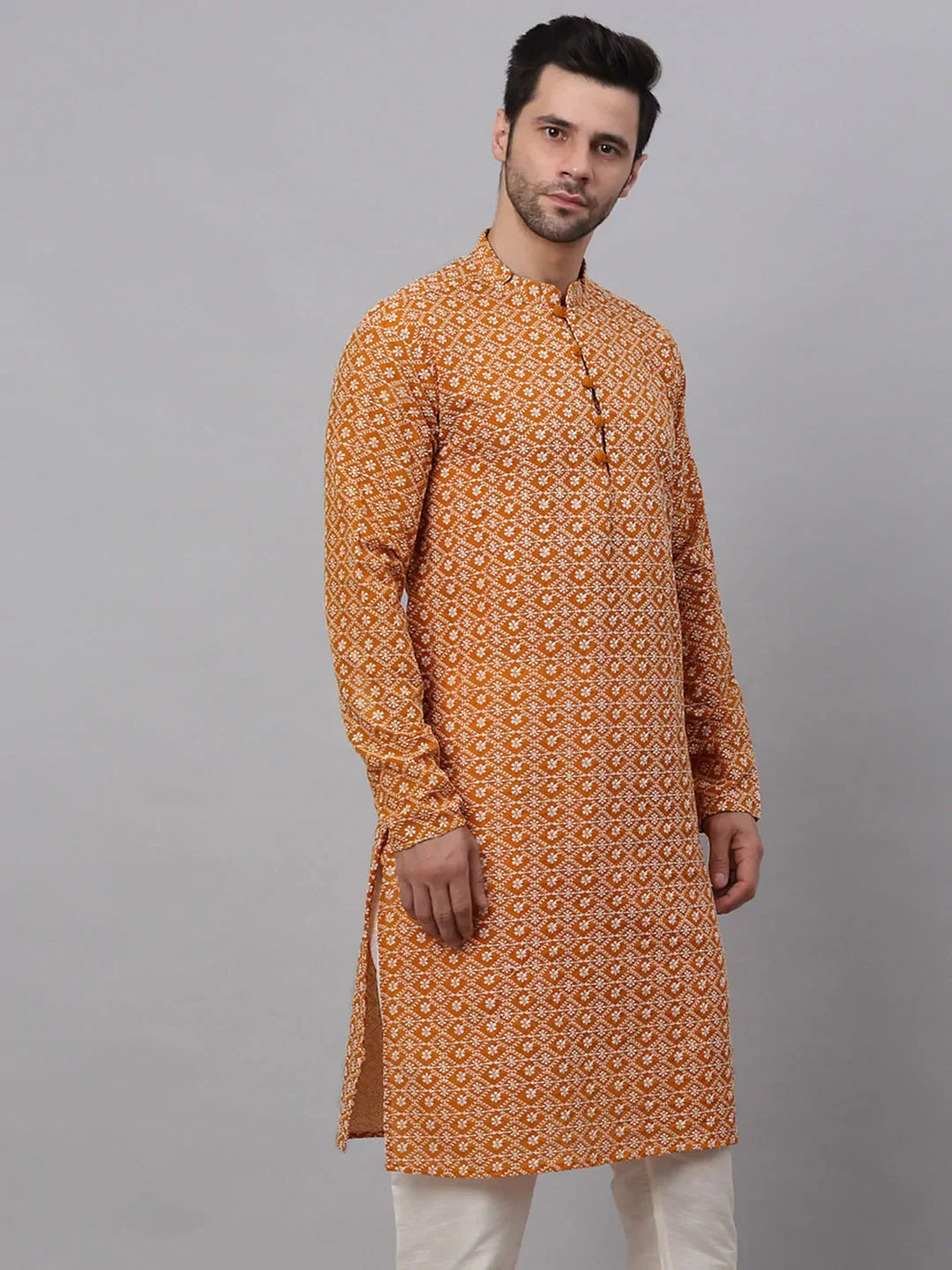 Jompers Men's Mustard & White Embroidered Straight Kurta | Grocsy