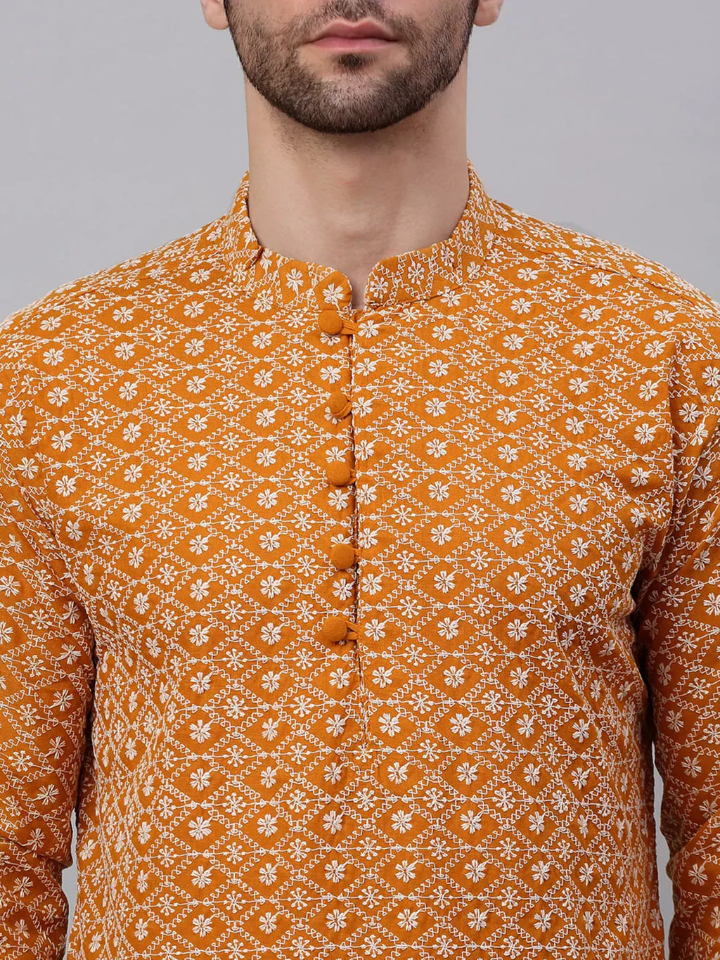 Jompers Men's Mustard & White Embroidered Straight Kurta | Grocsy