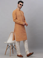 Jompers Men's Mustard & White Embroidered Straight Kurta | Grocsy