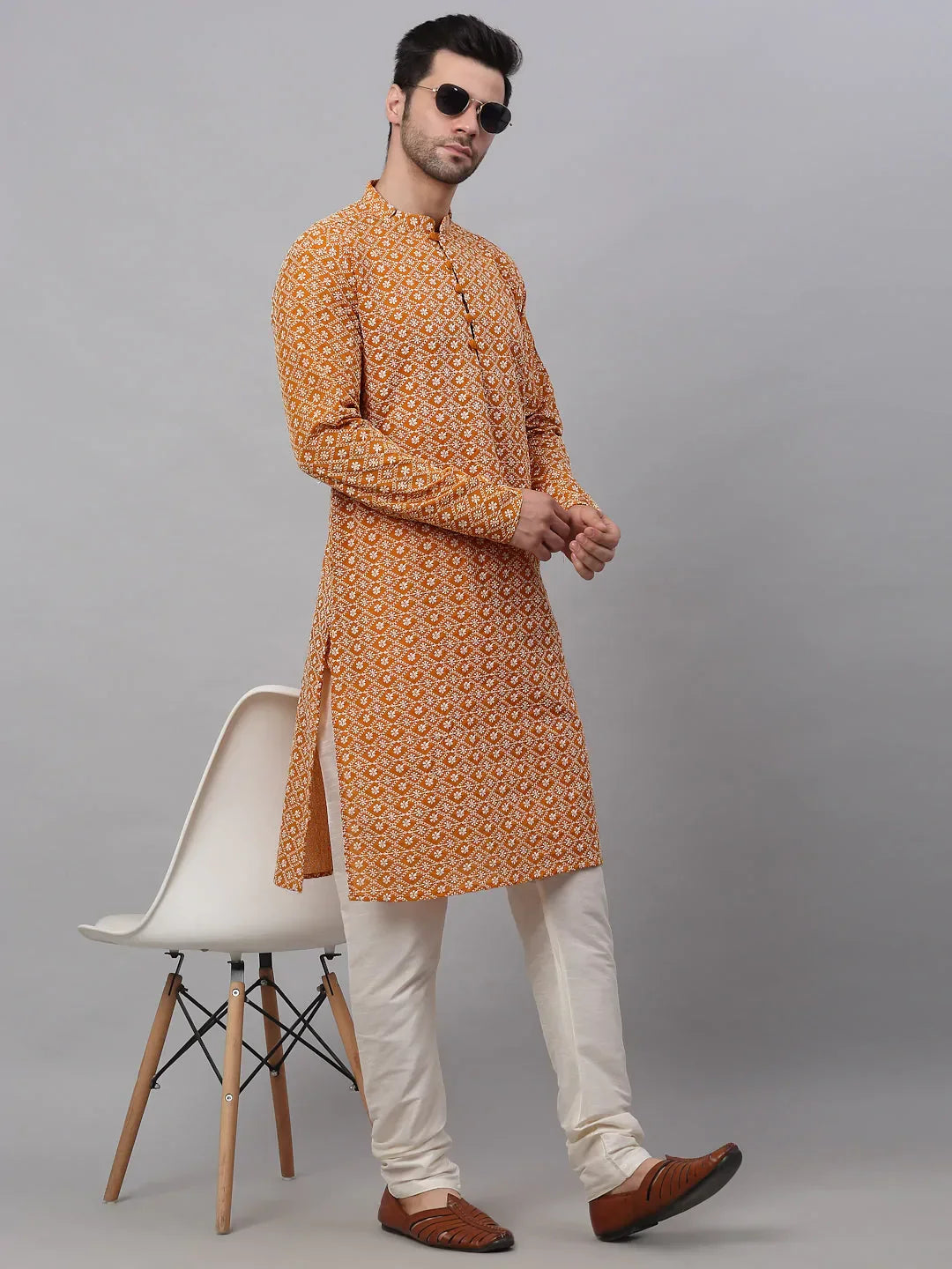 Jompers Men's Mustard & White Embroidered Straight Kurta | Grocsy
