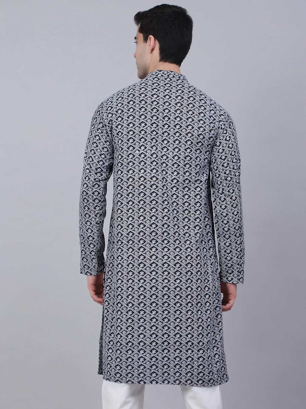 Jompers Men's Navy Blue & White embroidered Straight Kurta | Grocsy