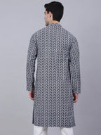 Jompers Men's Navy Blue & White embroidered Straight Kurta | Grocsy