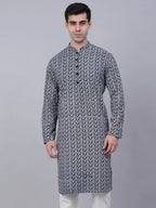 Jompers Men's Navy Blue & White embroidered Straight Kurta | Grocsy