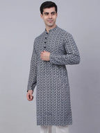 Jompers Men's Navy Blue & White embroidered Straight Kurta | Grocsy