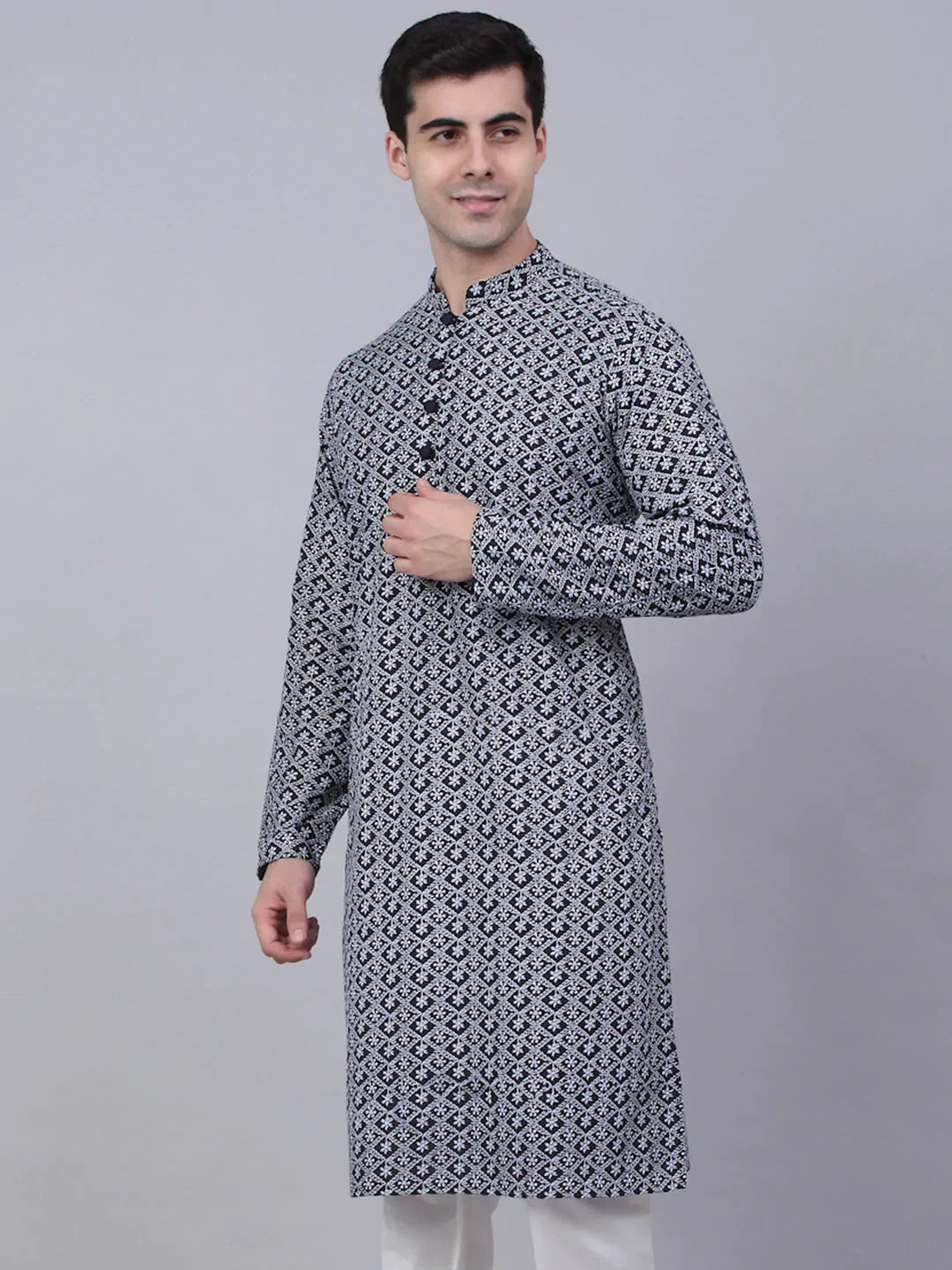 Jompers Men's Navy Blue & White embroidered Straight Kurta | Grocsy