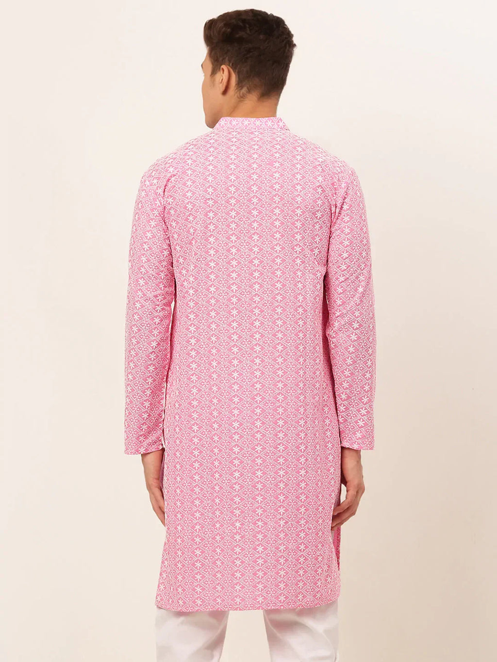 Jompers Men's Pink & White Embroidered Straight Kurta | Grocsy