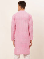 Jompers Men's Pink & White Embroidered Straight Kurta | Grocsy