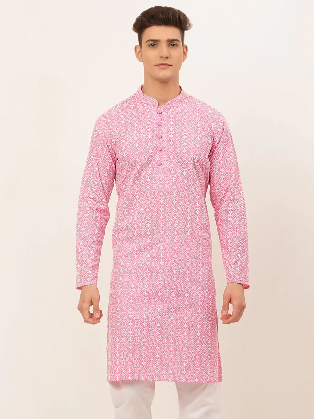 Jompers Men's Pink & White Embroidered Straight Kurta | Grocsy