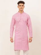 Jompers Men's Pink & White Embroidered Straight Kurta | Grocsy