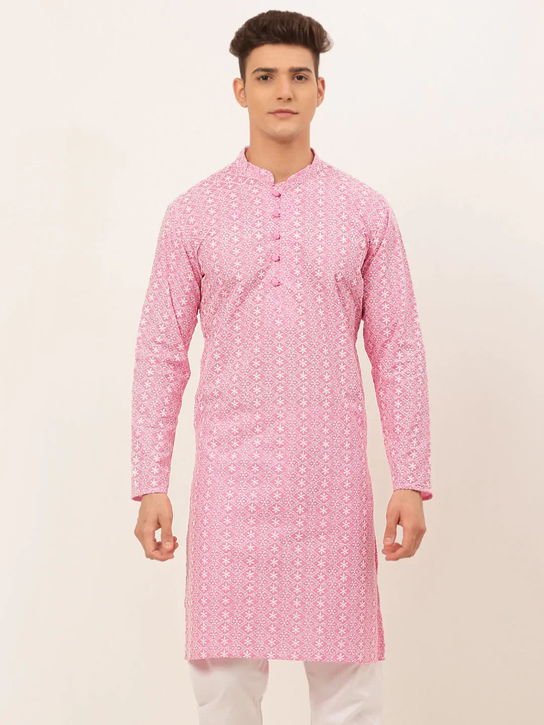 Jompers Men's Pink & White Embroidered Straight Kurta | Grocsy