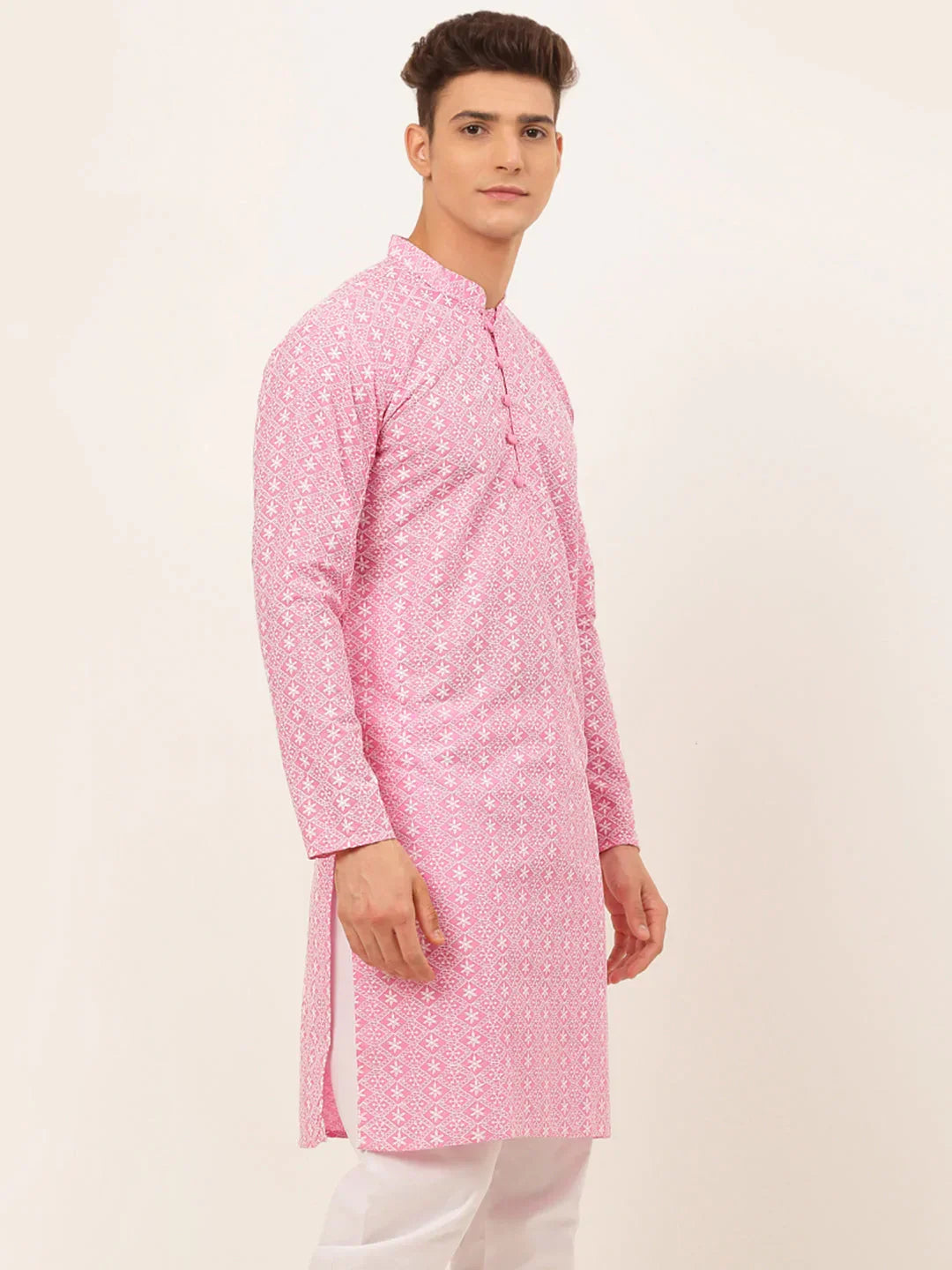 Jompers Men's Pink & White Embroidered Straight Kurta | Grocsy