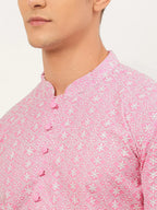 Jompers Men's Pink & White Embroidered Straight Kurta | Grocsy