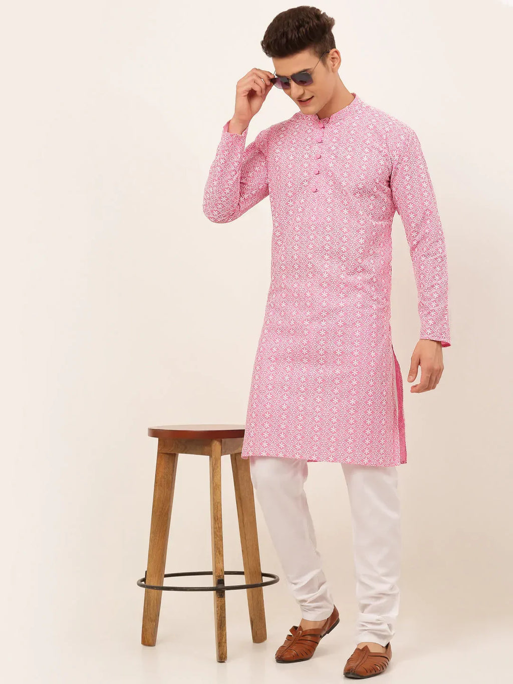 Jompers Men's Pink & White Embroidered Straight Kurta | Grocsy