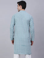 Jompers Men's Teal Blue & White embroidered Straight Kurta | Grocsy
