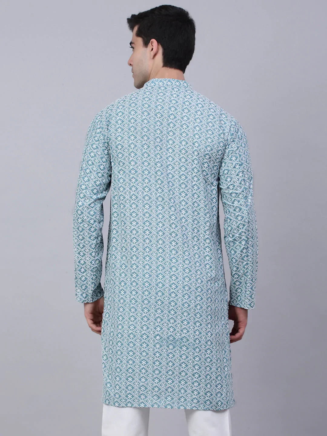 Jompers Men's Teal Blue & White embroidered Straight Kurta | Grocsy