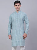 Jompers Men's Teal Blue & White embroidered Straight Kurta | Grocsy