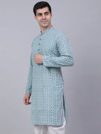Jompers Men's Teal Blue & White embroidered Straight Kurta | Grocsy
