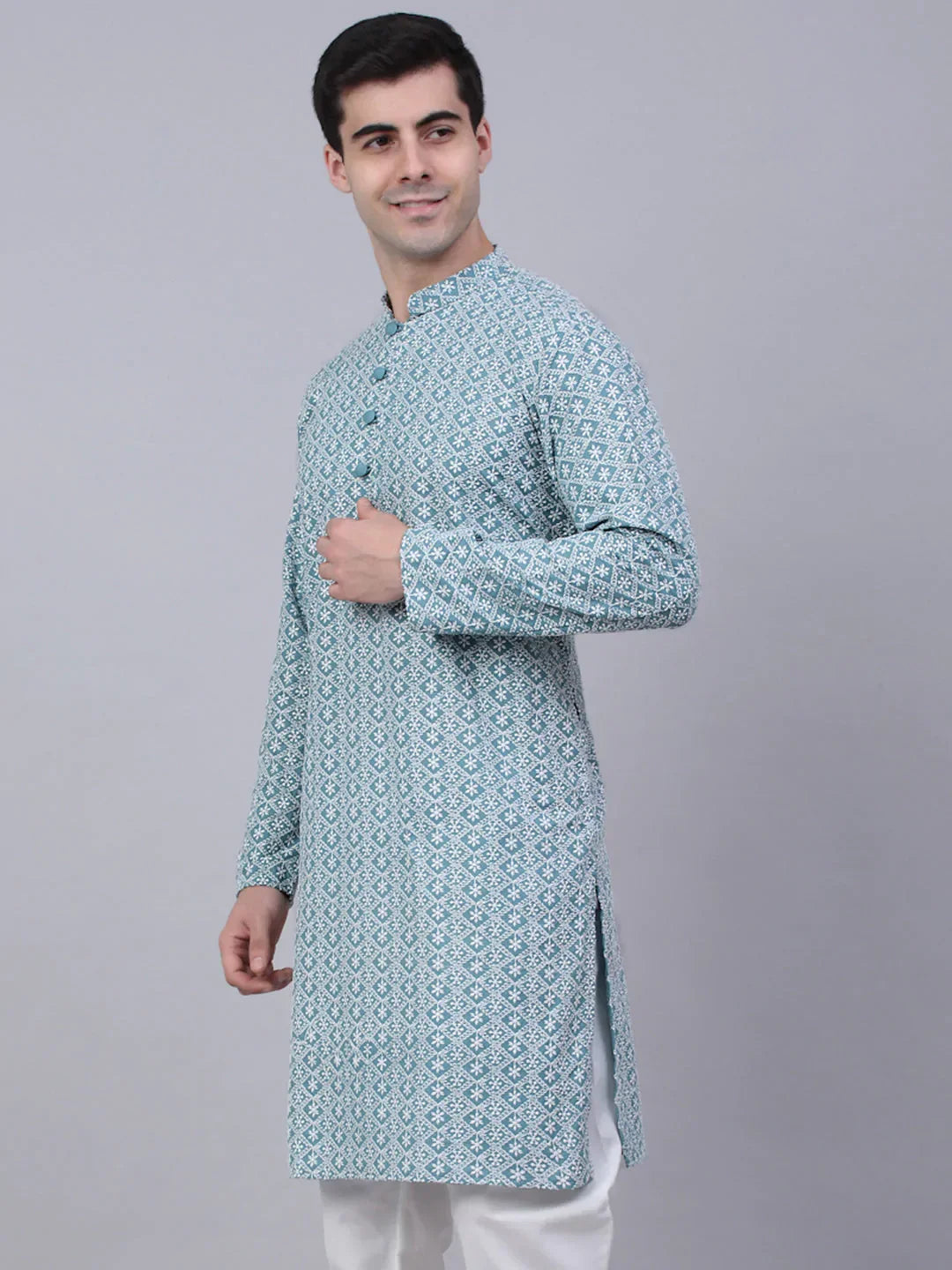 Jompers Men's Teal Blue & White embroidered Straight Kurta | Grocsy