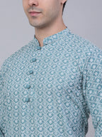 Jompers Men's Teal Blue & White embroidered Straight Kurta | Grocsy
