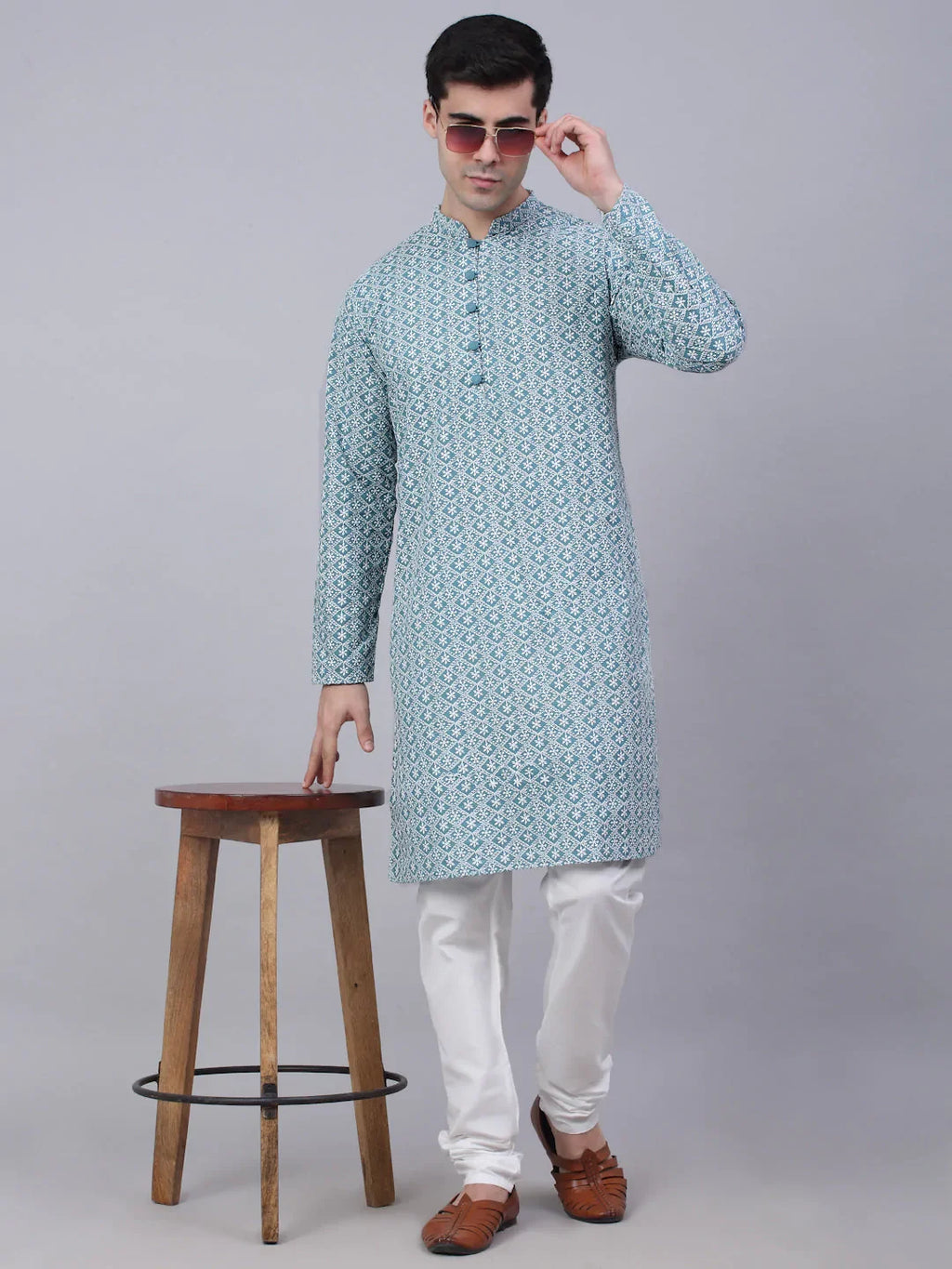 Jompers Men's Teal Blue & White embroidered Straight Kurta | Grocsy