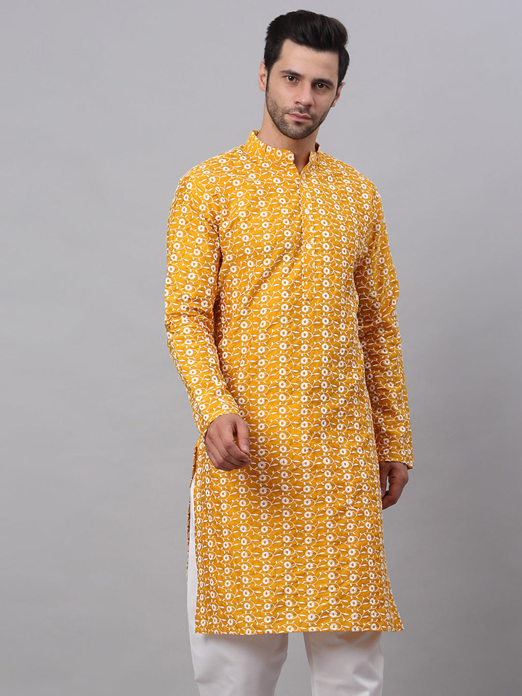 Jompers Men's Mustard Embroidered Dupion Silk Kurta | Grocsy