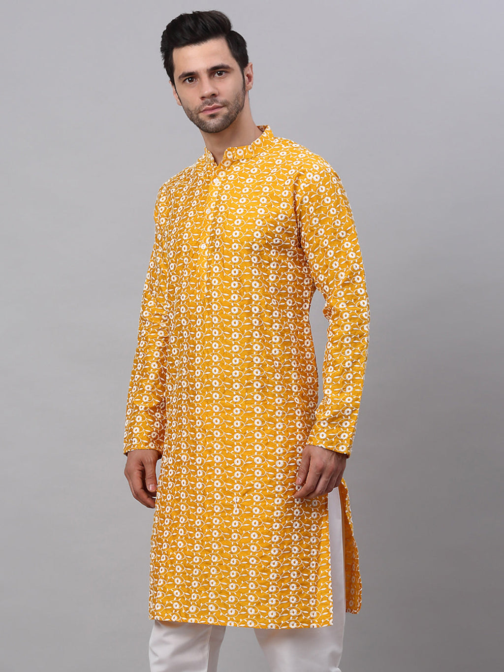 Jompers Men's Mustard Embroidered Dupion Silk Kurta | Grocsy