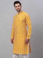 Jompers Men's Mustard Embroidered Dupion Silk Kurta | Grocsy